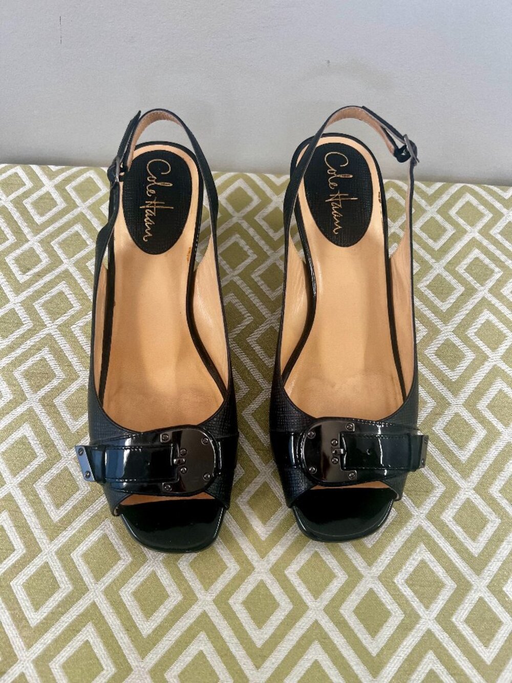 Cole Haan Open Toe Slingbacks – Black Patent Leather & Embossed Leather
